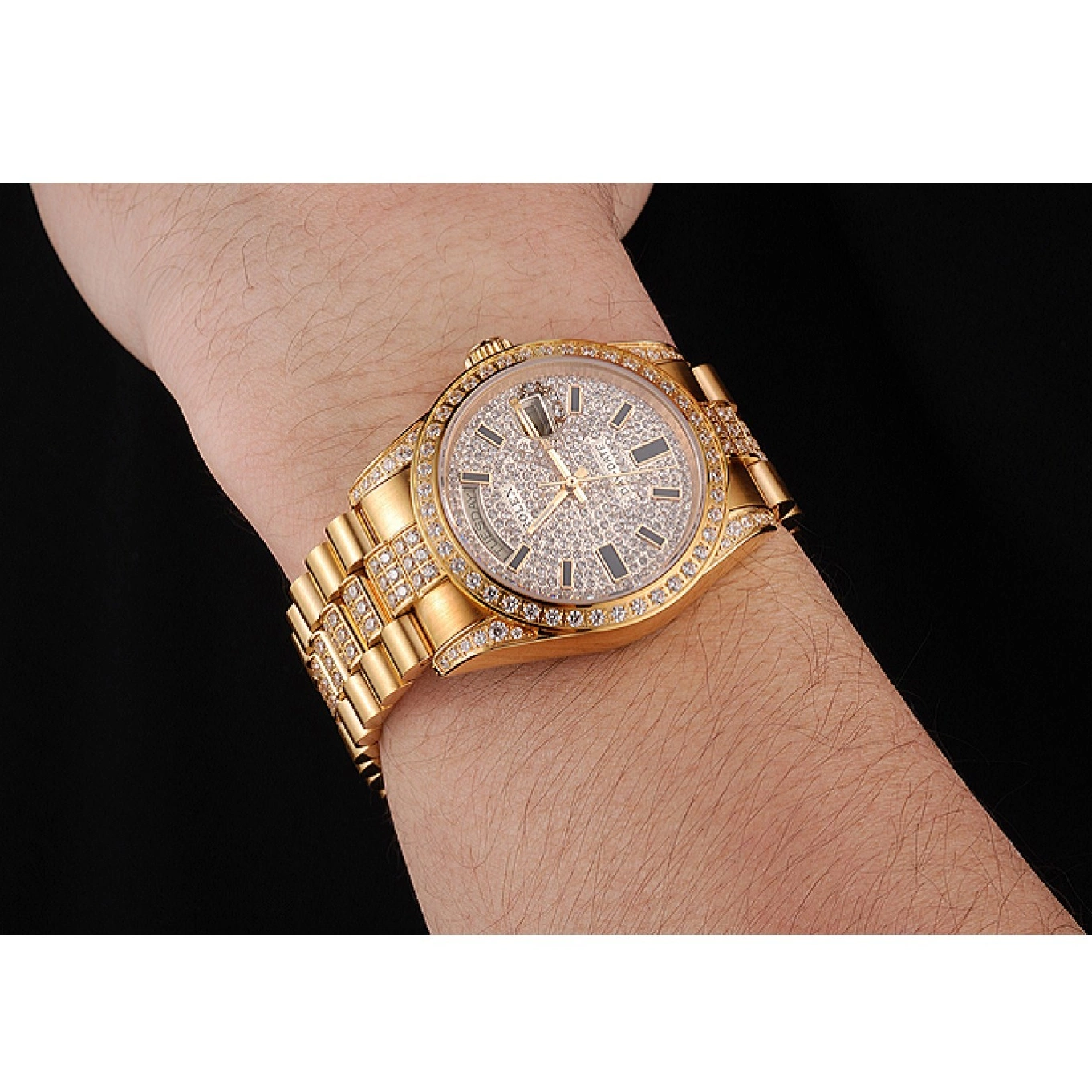Aaa replica watch Day Yellow Diamond Swiss Gold Date Rolex Pave 0522